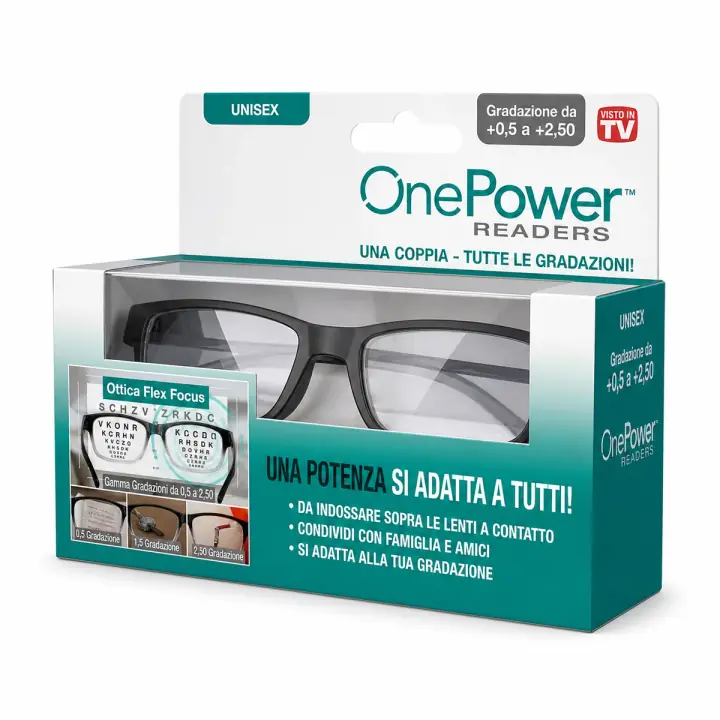 OnePower Readers Occhiali Autoregolabili su sfondo bianco